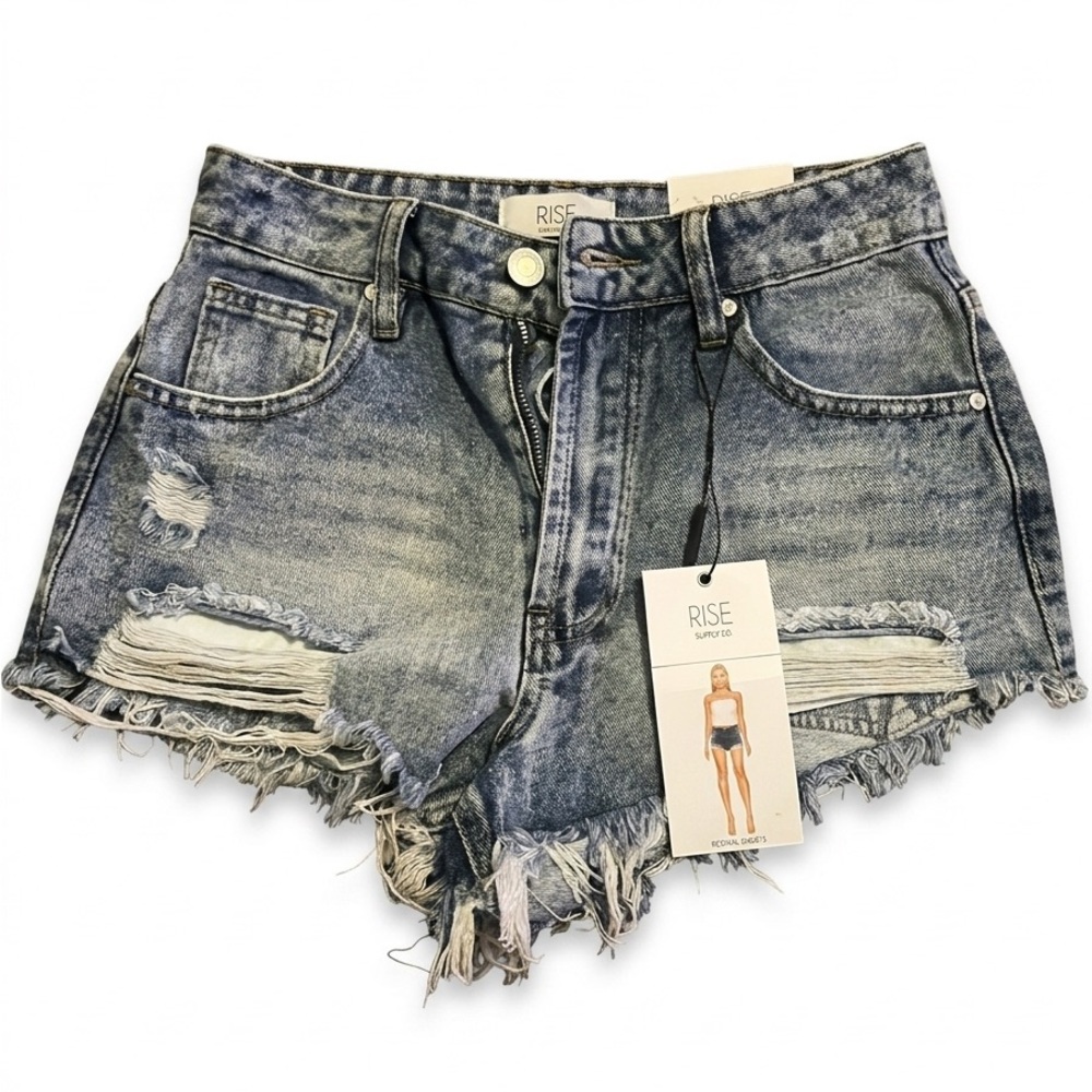 Acid Wash Distressed Denim Shorts - Blue 7